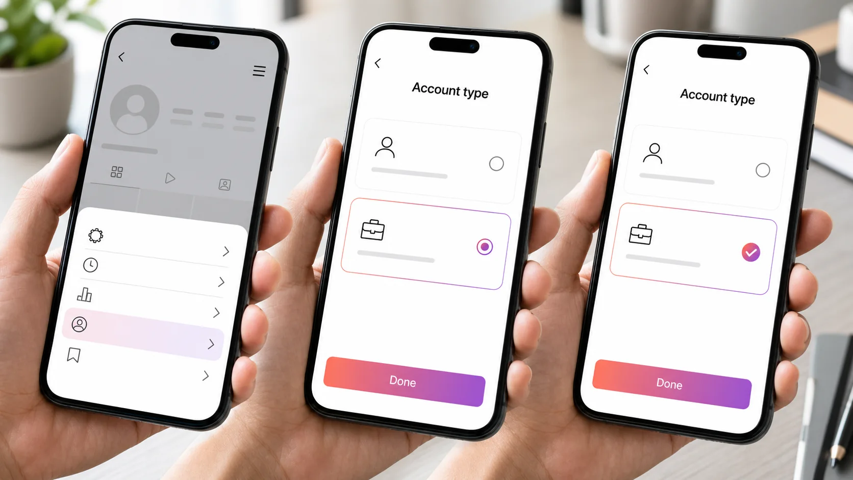 Illustrative steps for switching an Instagram profile to a professional business account