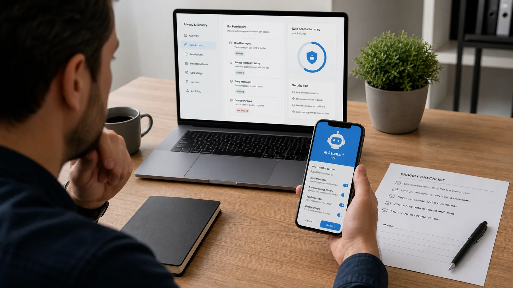 Business owner reviewing Telegram AI bot permissions and privacy controls