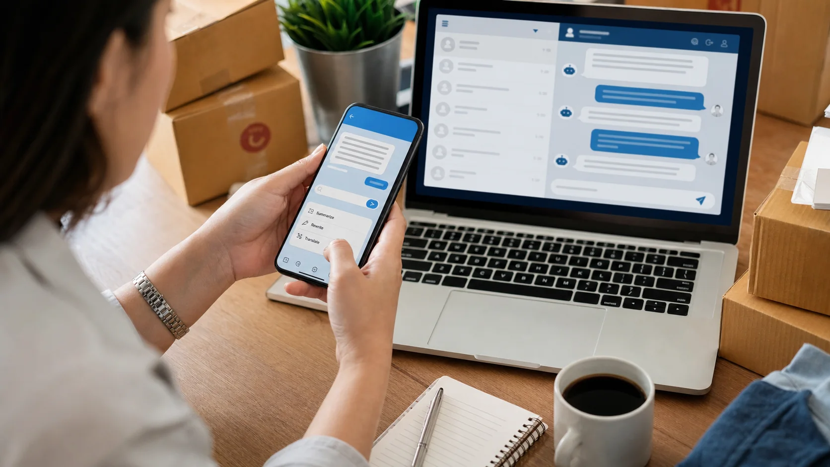 Business owner using Telegram AI writing tools and an AI customer-service chatbot