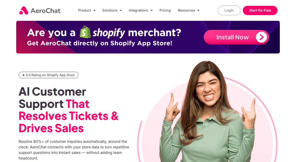 AeroChat AI customer service app homepage for ecommerce support