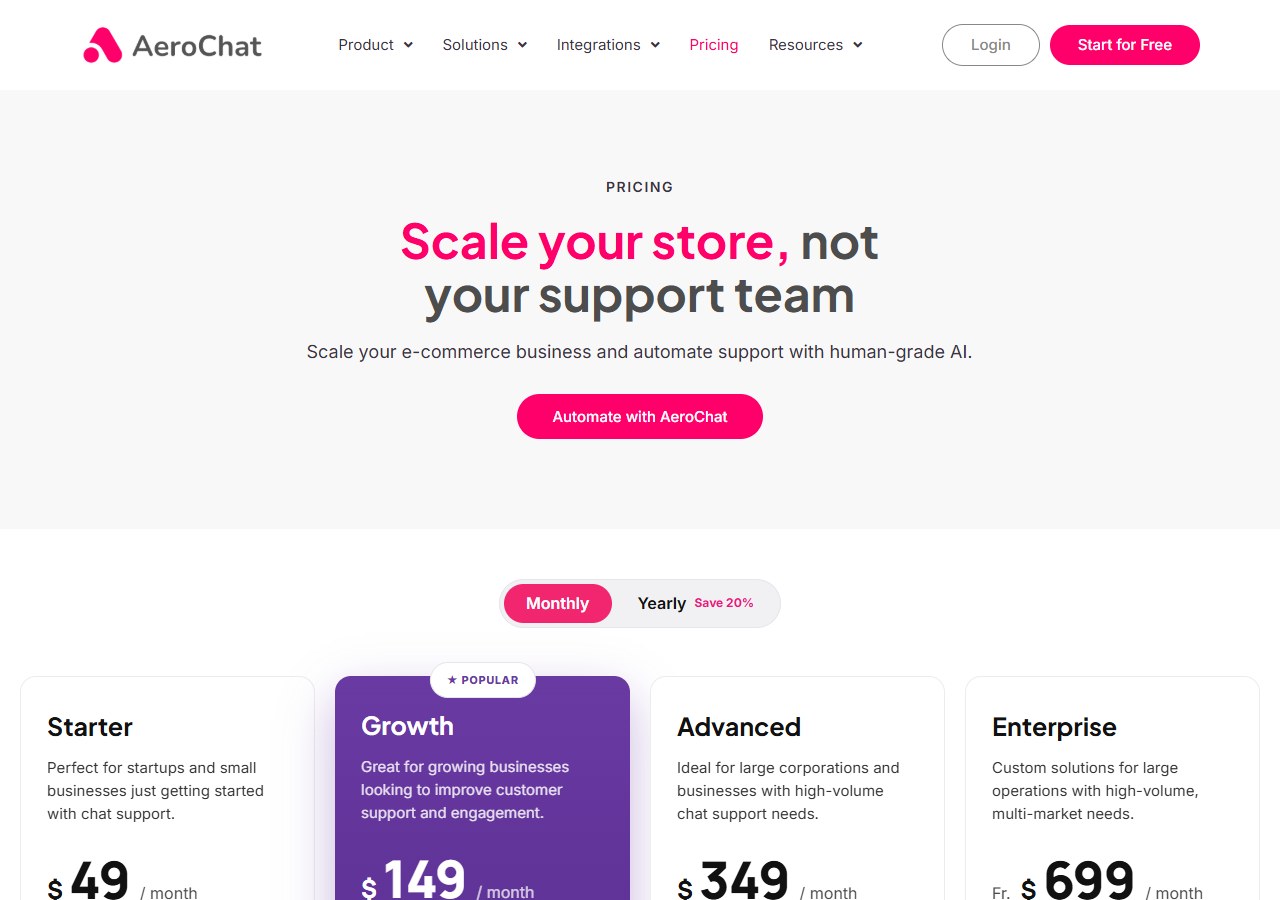 AeroChat shopify pricing plans