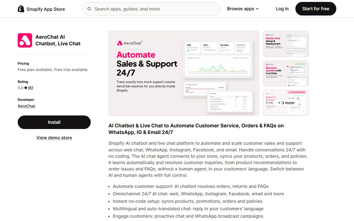 AeroChat Shopify chatbot app listing on the Shopify App Store