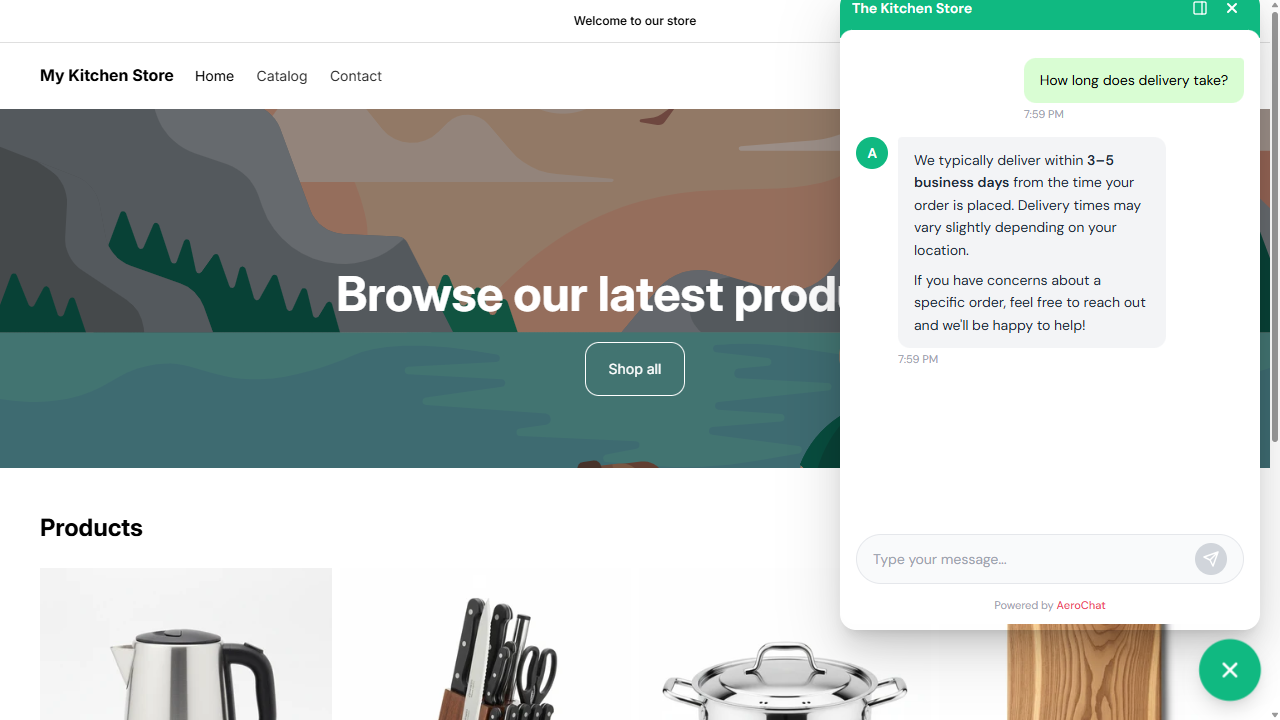 AeroChat chat widget answering delivery time question on a Shopify store