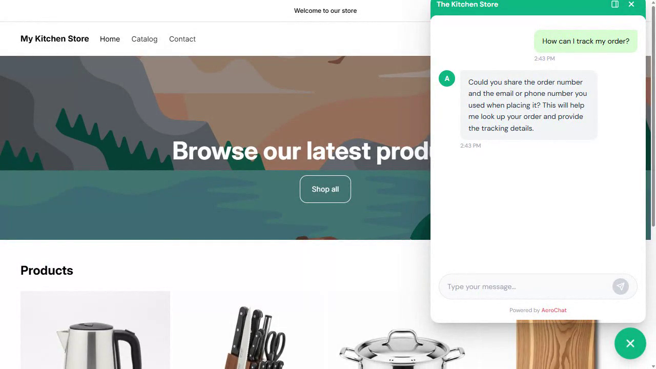 AeroChat chat widget on Shopify store handling an order tracking question