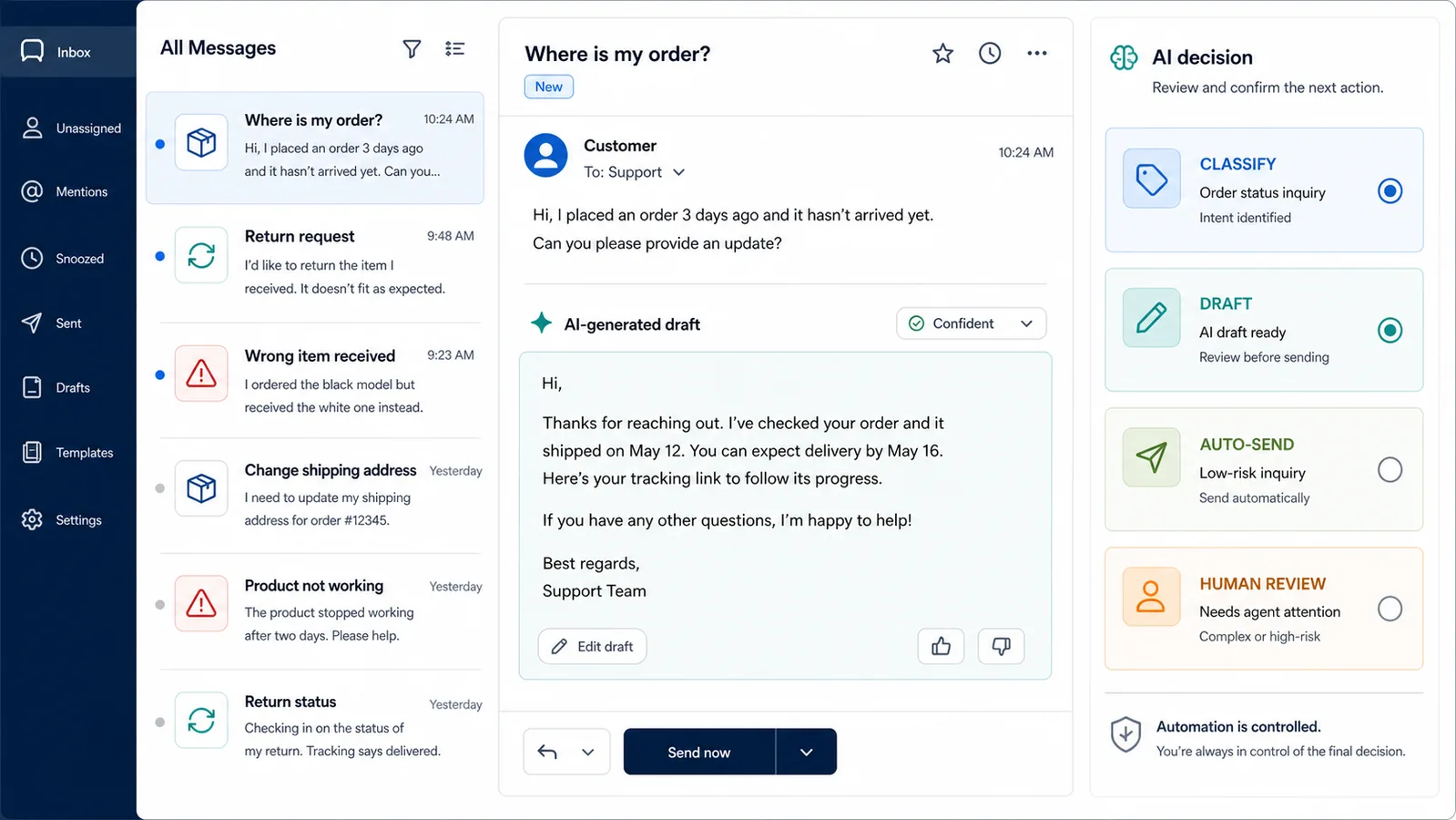 Shared customer-service inbox with AI classification, draft, auto-send and human-review states
