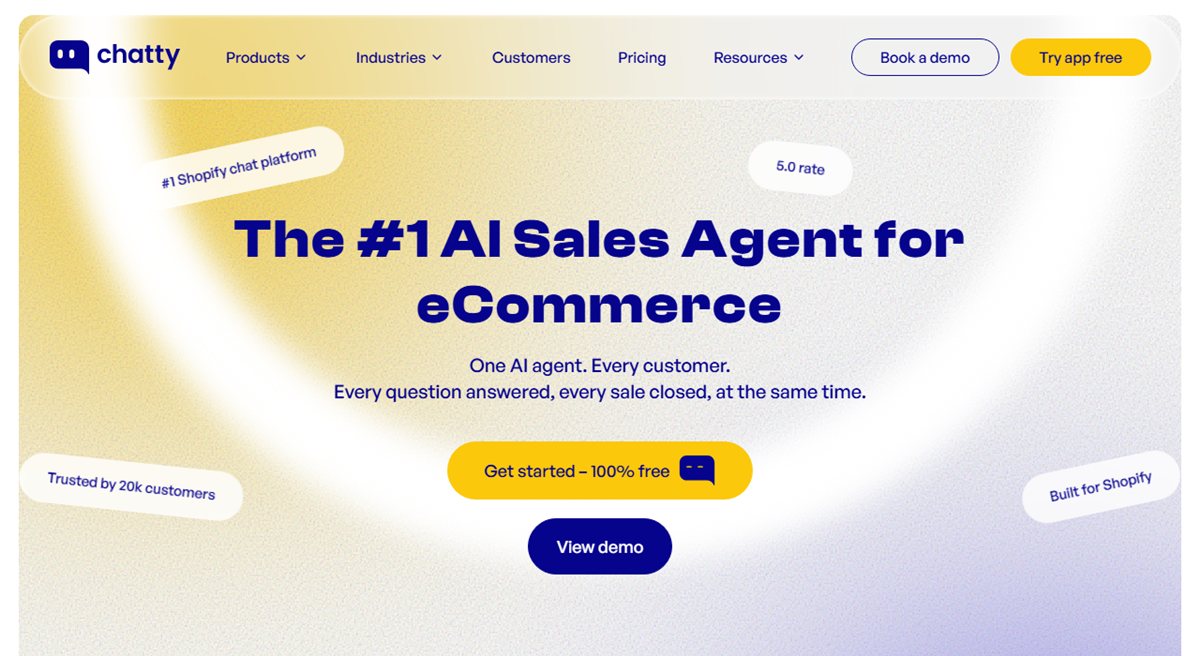 Chatty AI sales agent chatbot for Shopify homepage