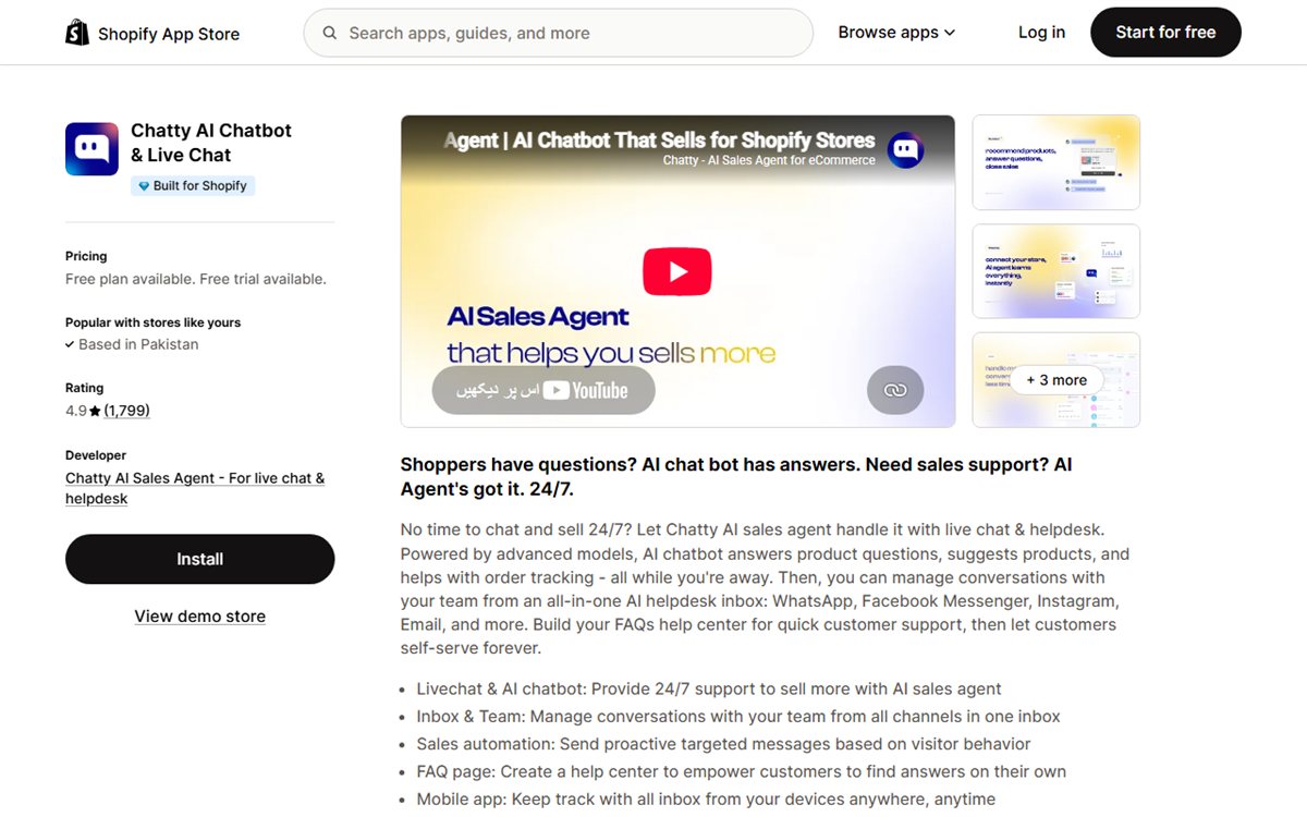 Chatty AI chatbot Shopify App Store listing