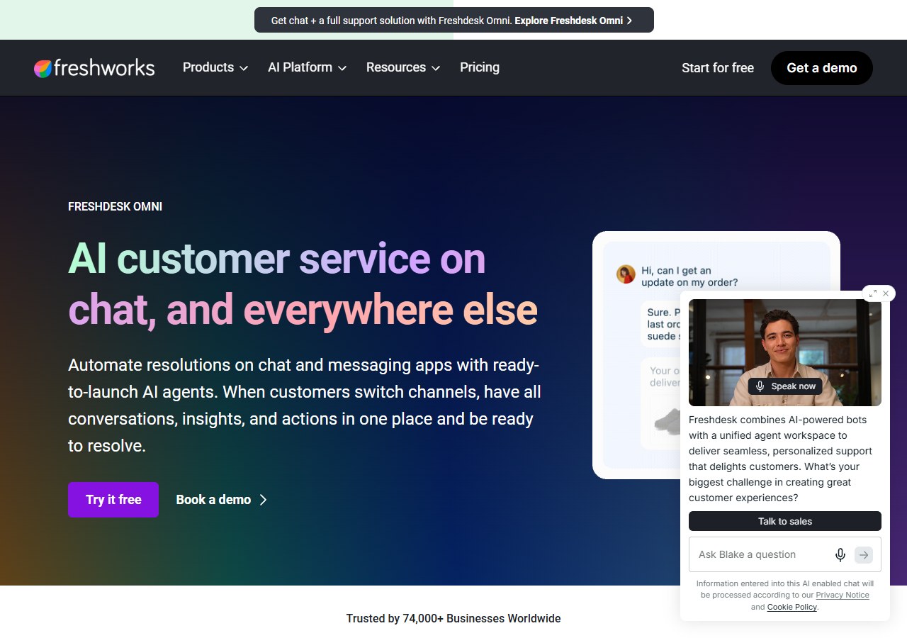 Freshchat AI messaging and live support
