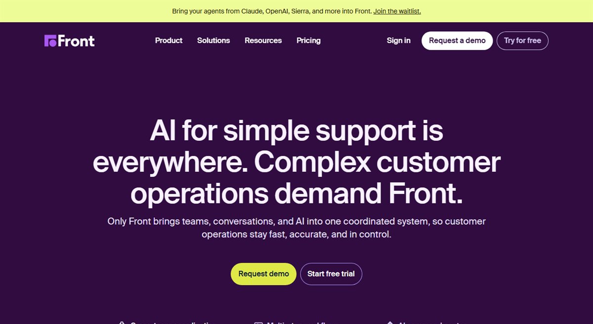 Front shared inbox customer service app homepage