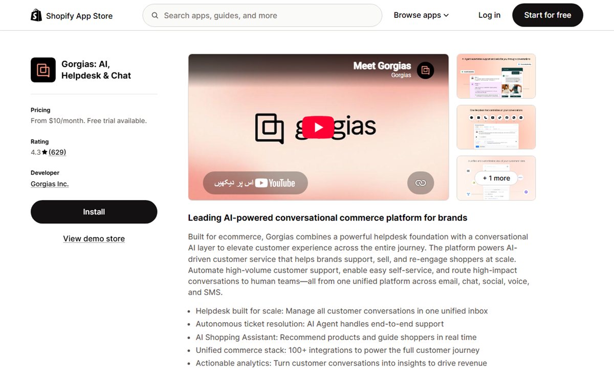 Gorgias AI helpdesk Shopify App Store listing