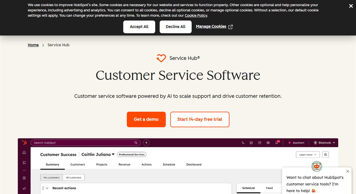 HubSpot Service Hub customer service app homepage