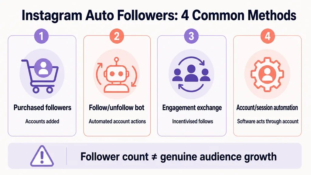 Four common Instagram auto-follower methods: purchased accounts, follow-unfollow bots, engagement exchanges and account automation