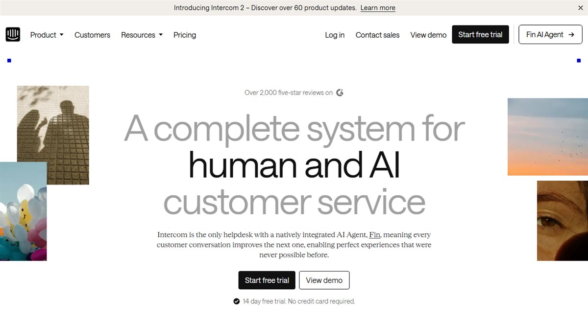 Intercom AI customer support app homepage for SaaS businesses