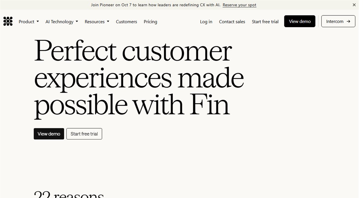Intercom Fin AI agent homepage for customer service