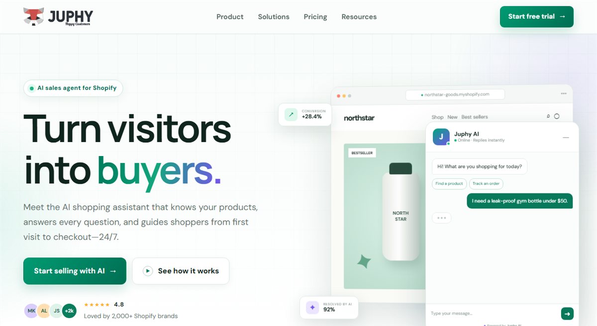 Juphy AI shopping assistant homepage for Shopify product discovery