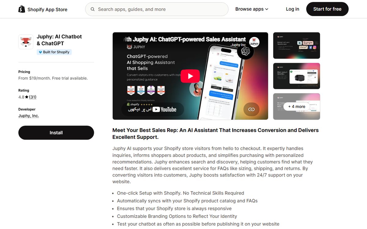Juphy AI chatbot Shopify App Store listing