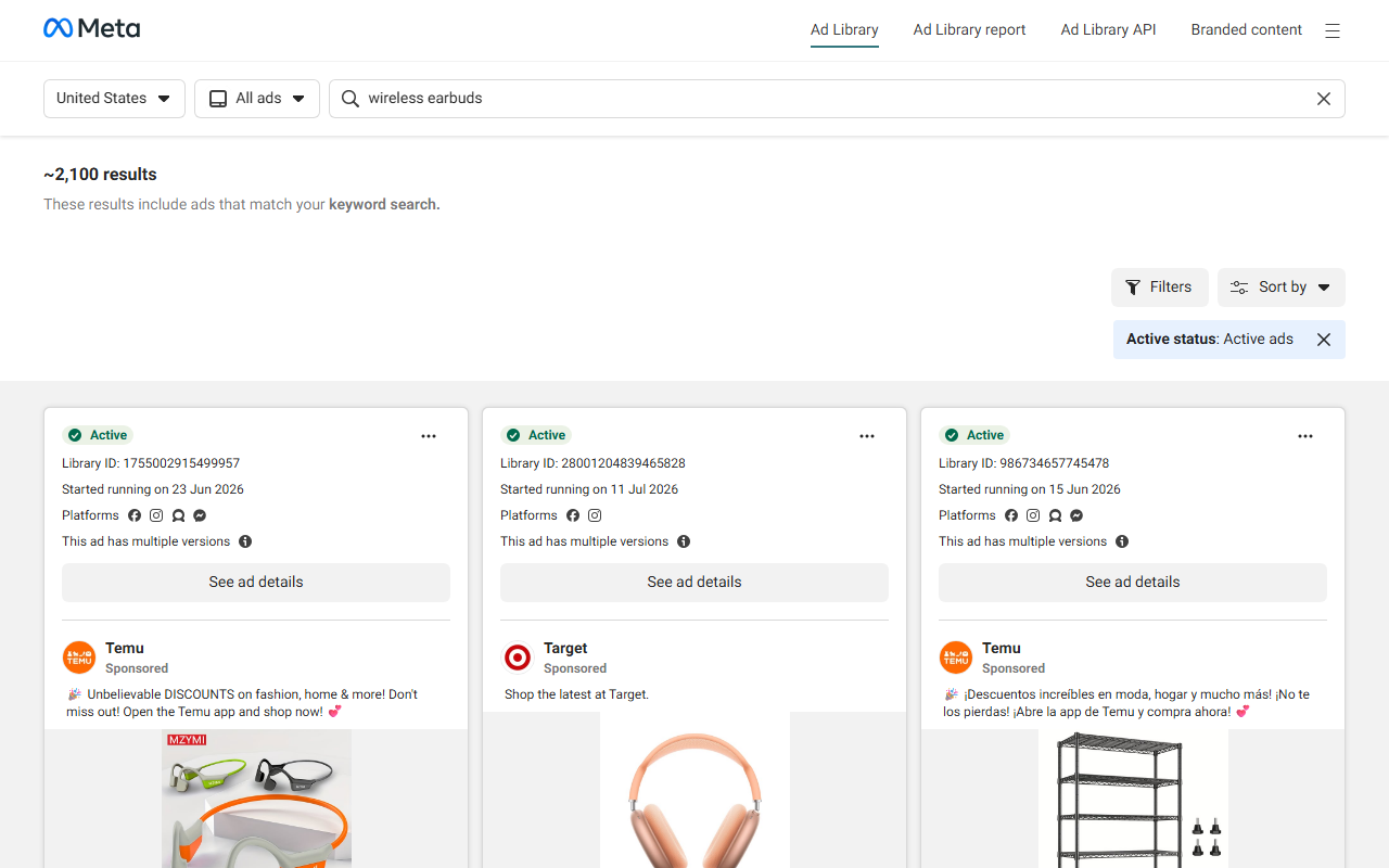 Meta Ad Library showing active Facebook ads for Shopify product research