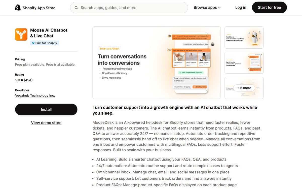 Moose AI Chatbot Shopify App Store listing
