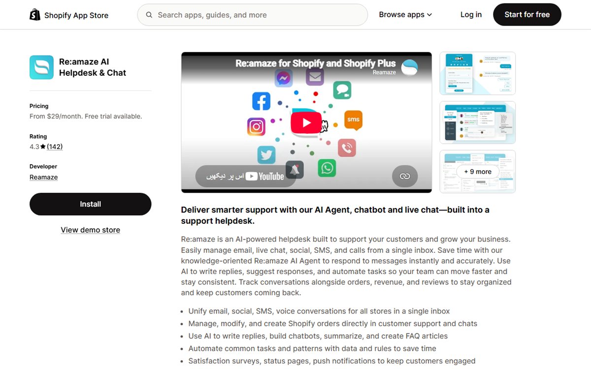 Re:amaze helpdesk Shopify App Store listing