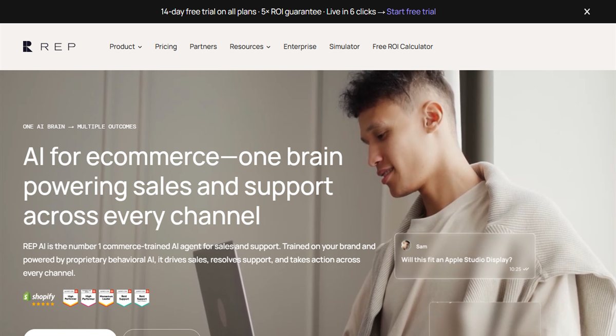 Rep AI ecommerce sales and support chatbot homepage