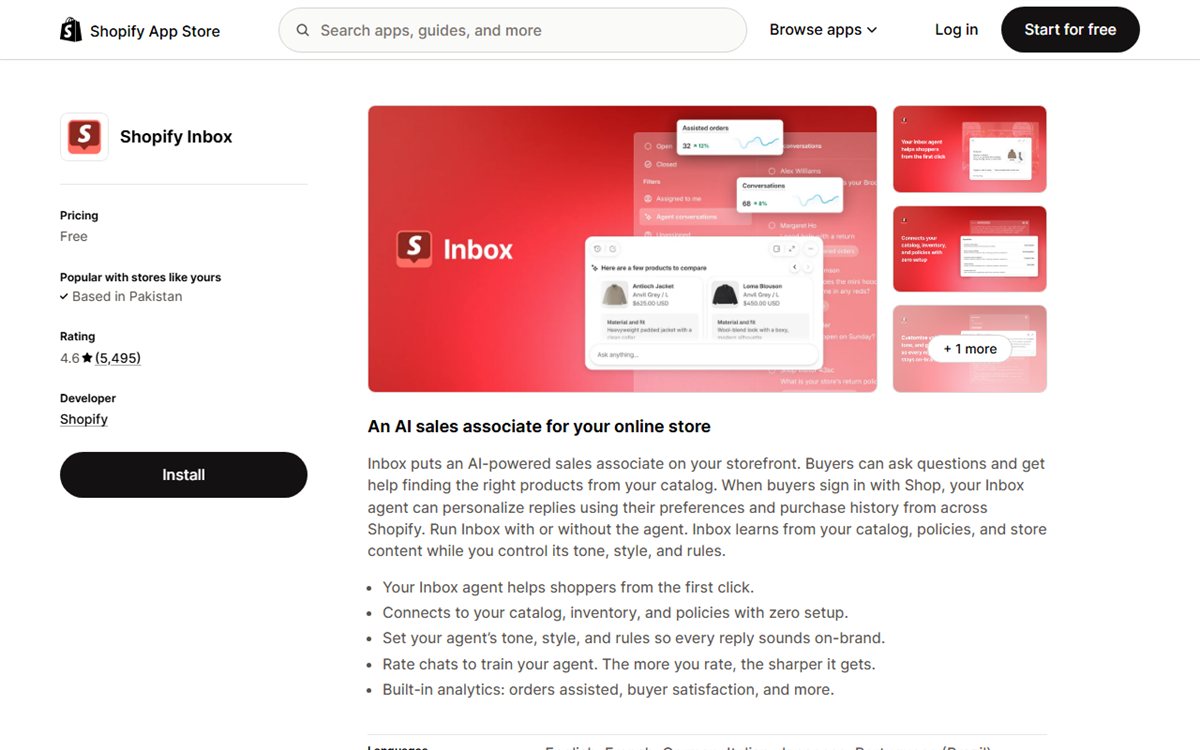 Shopify Inbox native chat app Shopify App Store listing