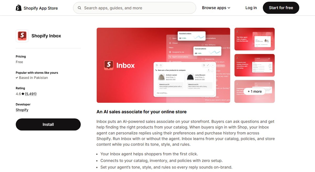 Shopify Inbox free AI chatbot app store listing