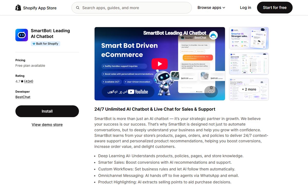 SmartBot AI chatbot Shopify App Store listing