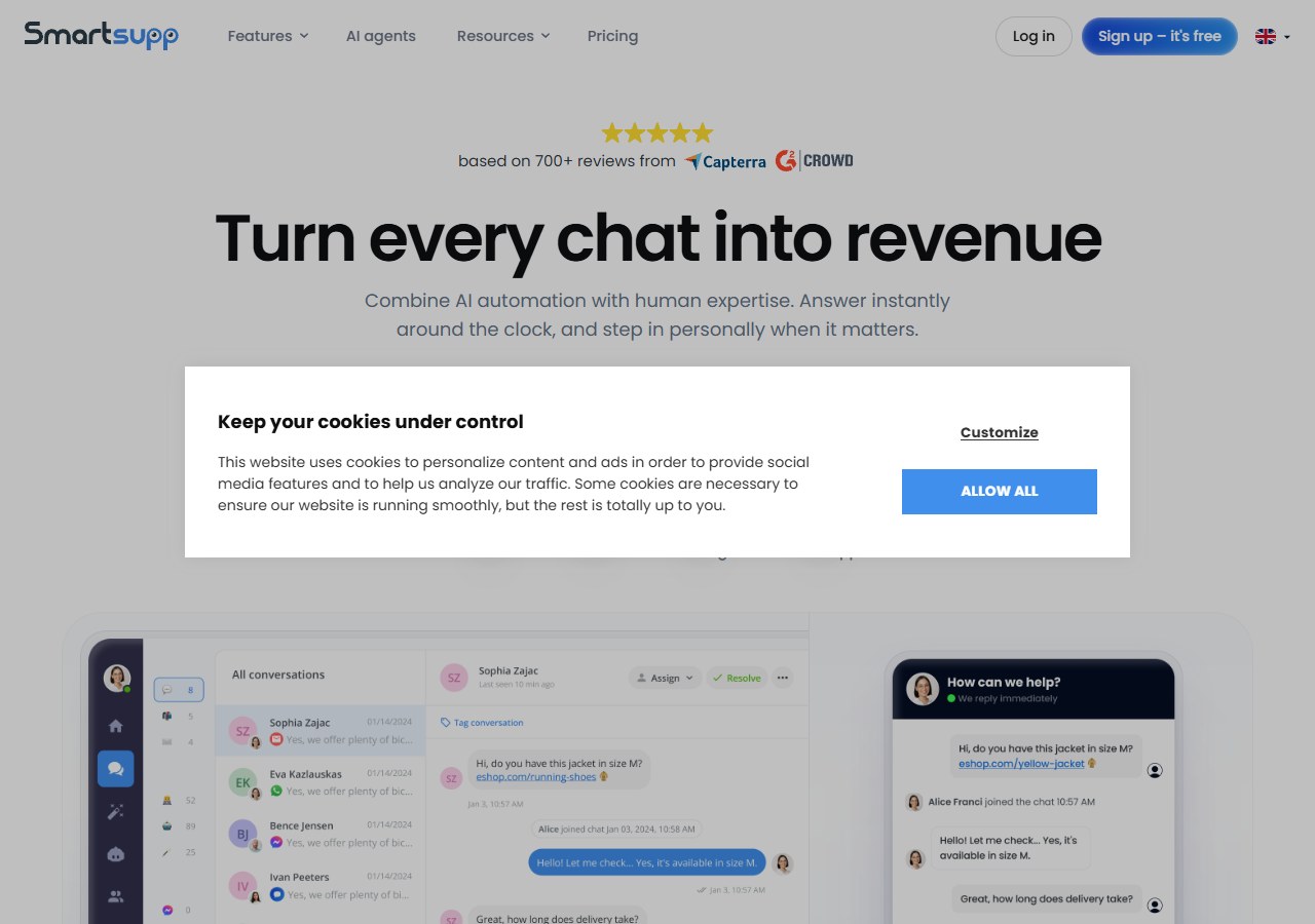 Smartsupp ecommerce live chat with AI chatbot