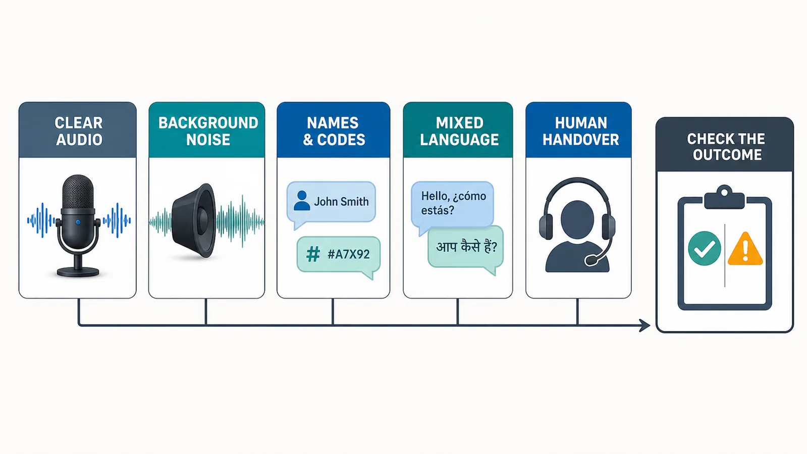 Voice-message test matrix covering noise, names, codes, languages and human handover