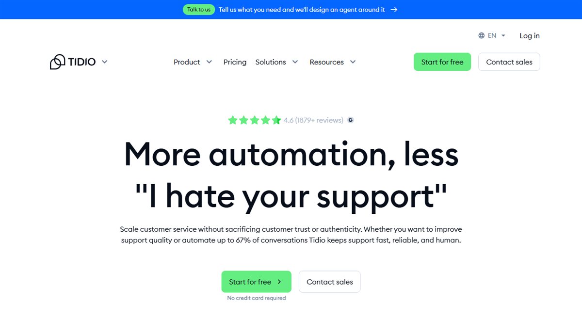 Tidio live chat and AI customer service app homepage