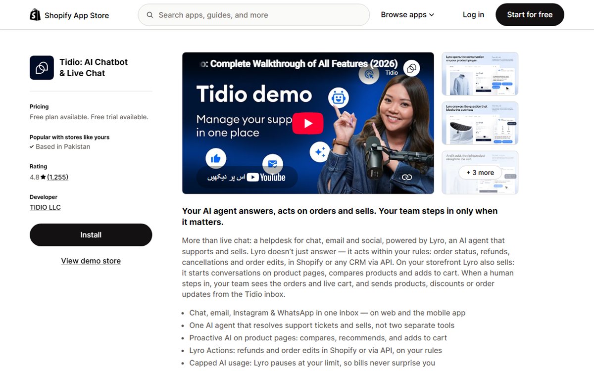 Tidio AI chatbot Shopify App Store listing
