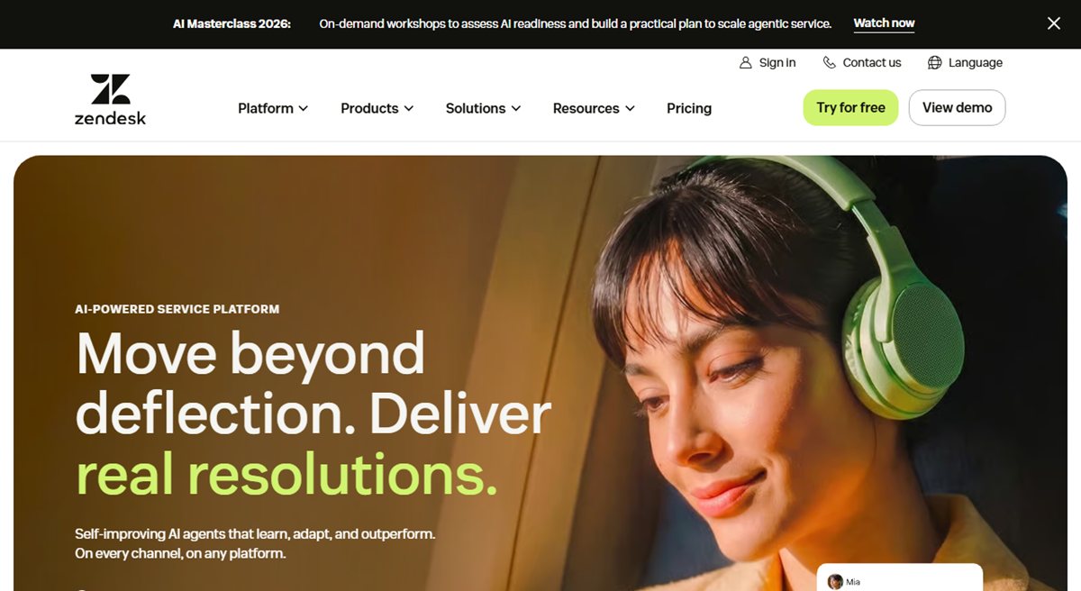Zendesk customer service software homepage for support teams