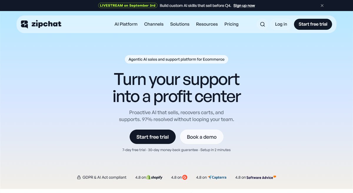 Zipchat AI Shopify chatbot homepage for sales and cart recovery
