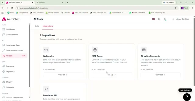 AeroChat integrations page showing the MCP Server card not yet configured