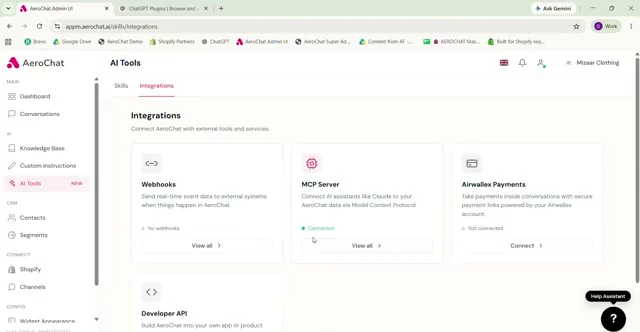 AeroChat integrations page showing MCP Server connected status after linking ChatGPT