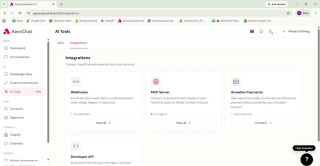AeroChat integrations page showing MCP Server connected status after linking Cursor