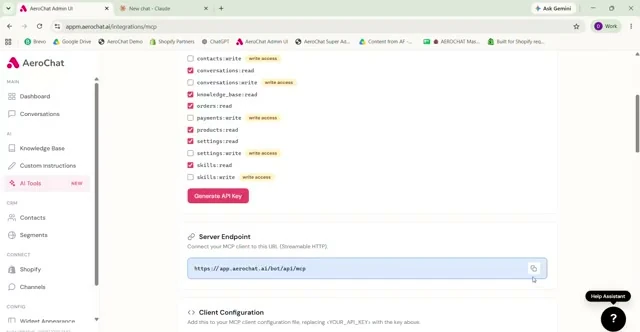 AeroChat MCP Server settings showing key permissions and API key generation