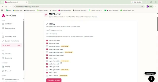 AeroChat MCP Server permissions checklist before generating an API key for Cursor
