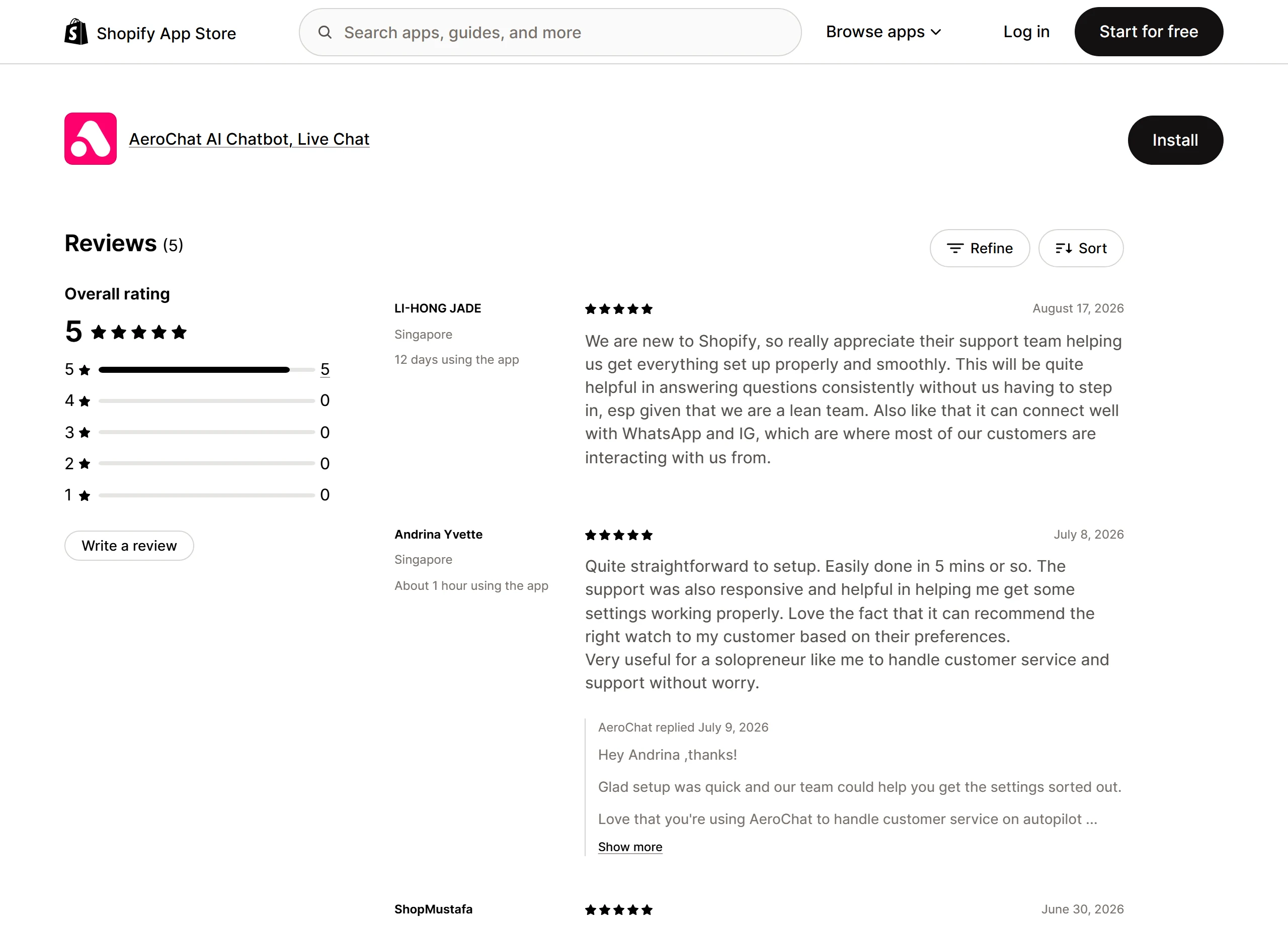 AeroChat Shopify App Store reviews page showing 5 star overall rating from merchant reviews