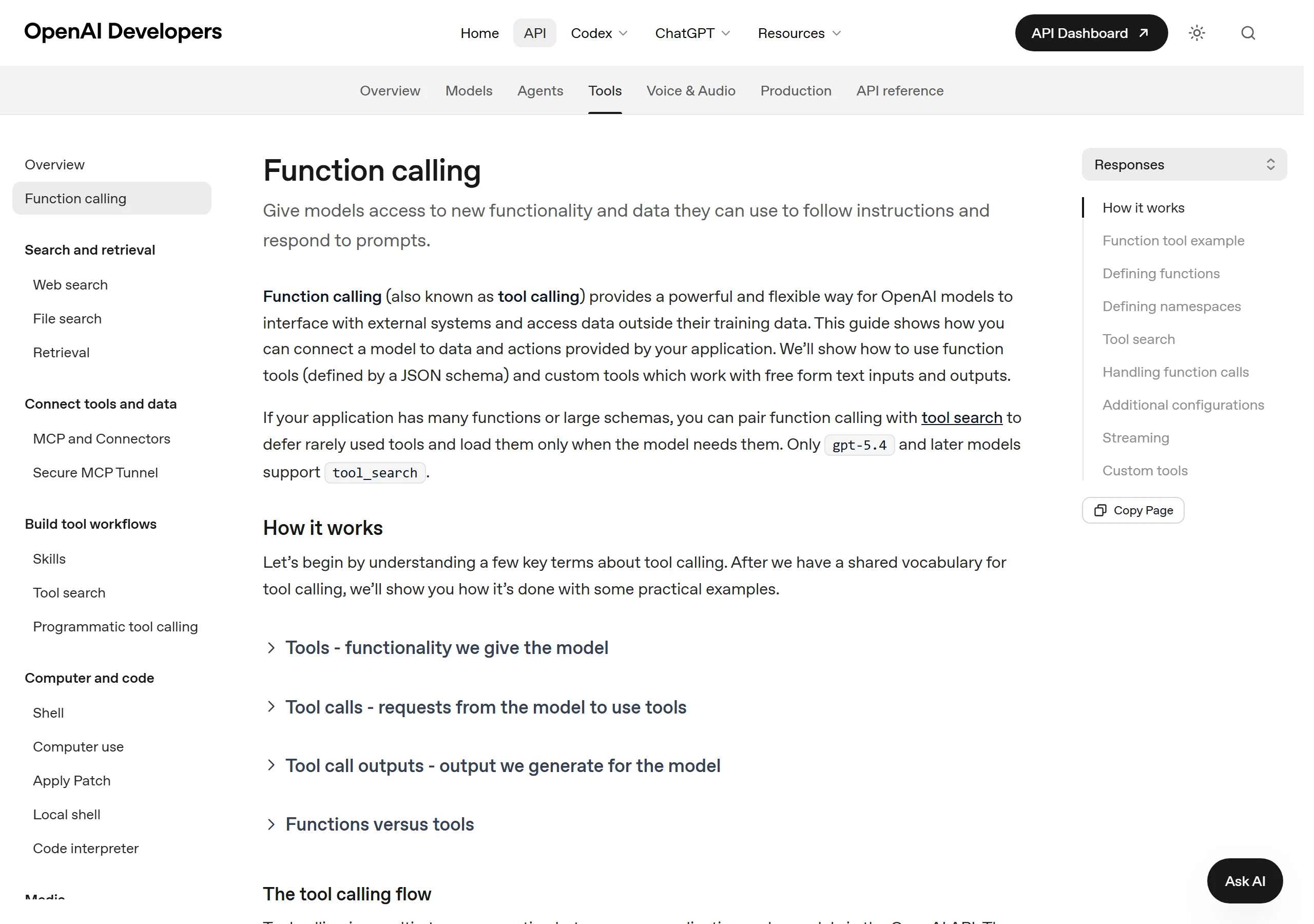 OpenAI documentation showing how a chatbot tool call works before the application executes the action