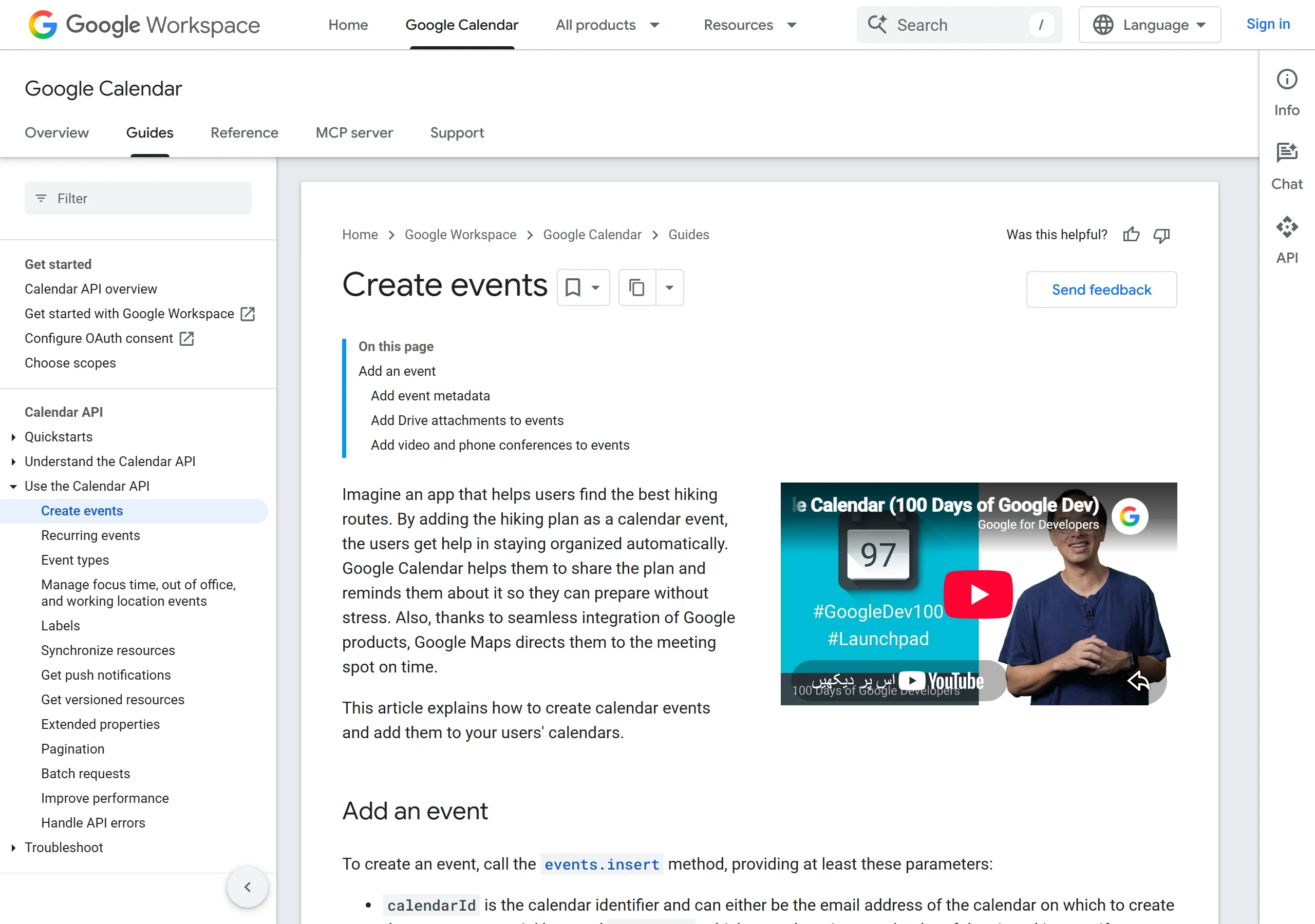 Google Calendar event creation documentation showing how a confirmed meeting is recorded after a chatbot books it
