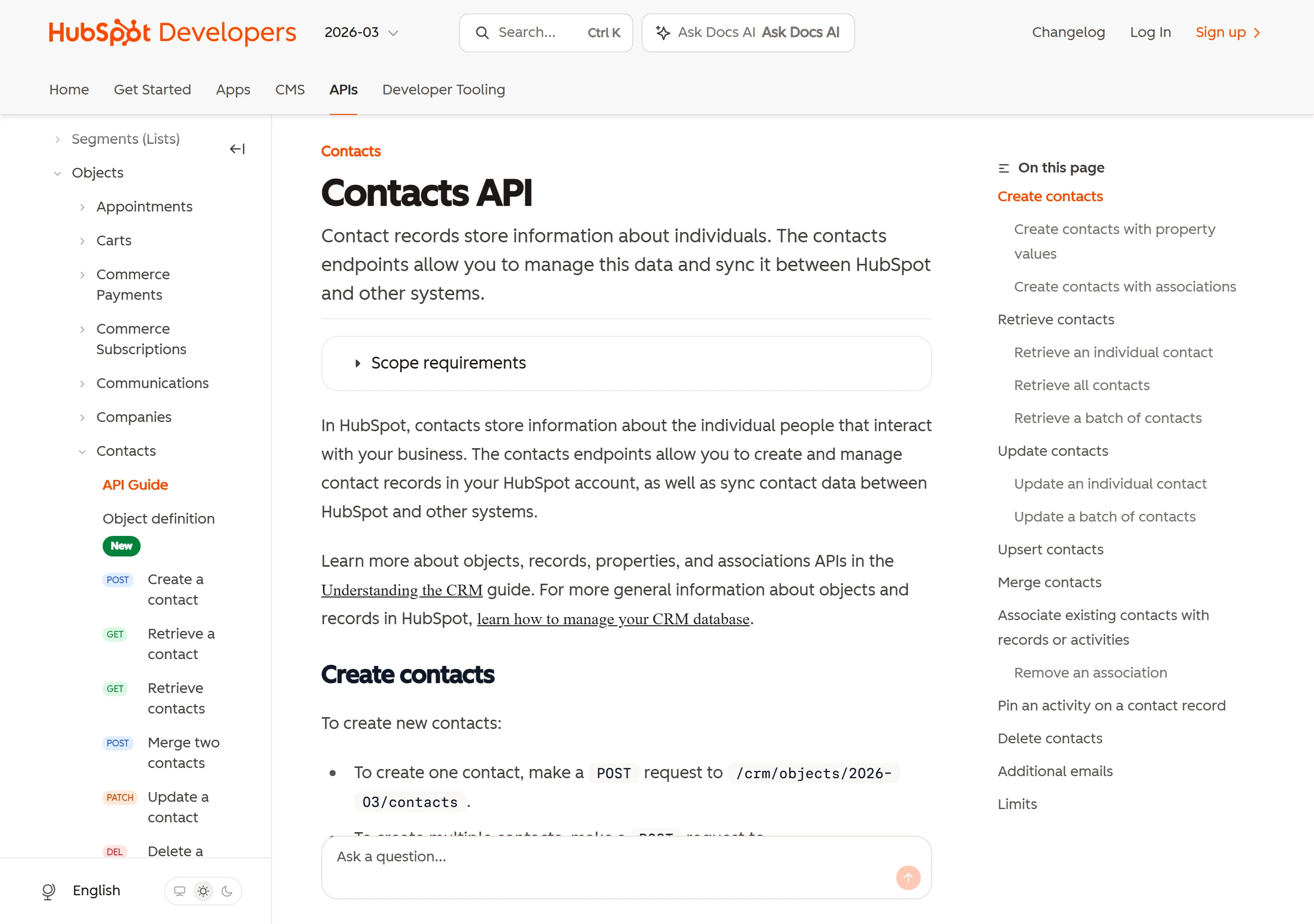 HubSpot Contacts API documentation showing how a new lead record is created in the CRM