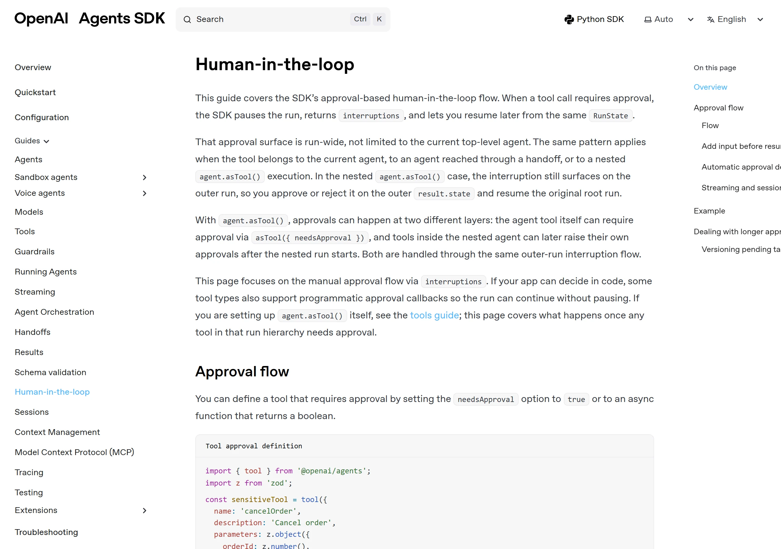 Human-in-the-loop approval flow documentation for pausing a chatbot action until a person approves it
