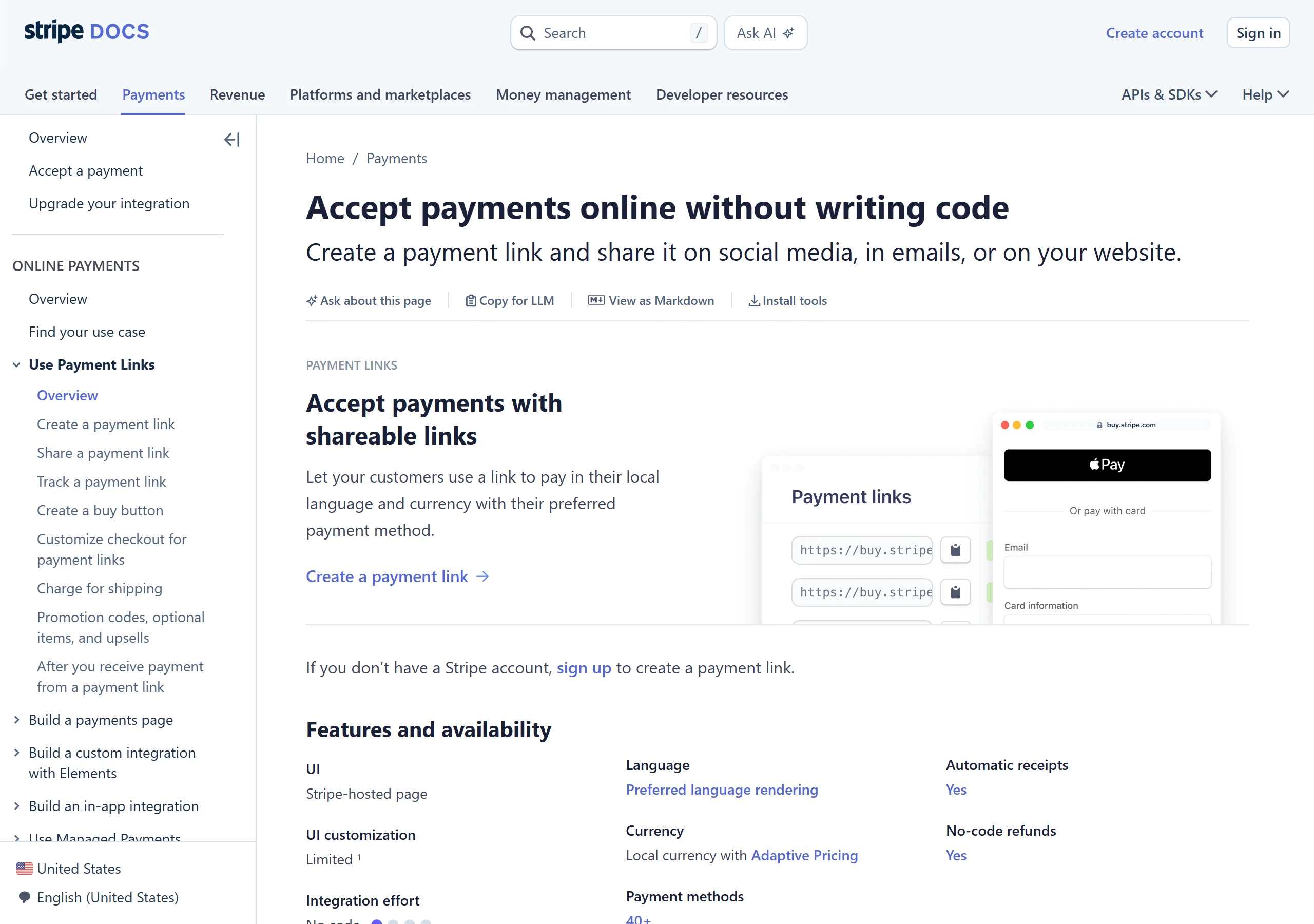 Stripe Payment Links documentation showing a hosted checkout page a chatbot can share in a conversation