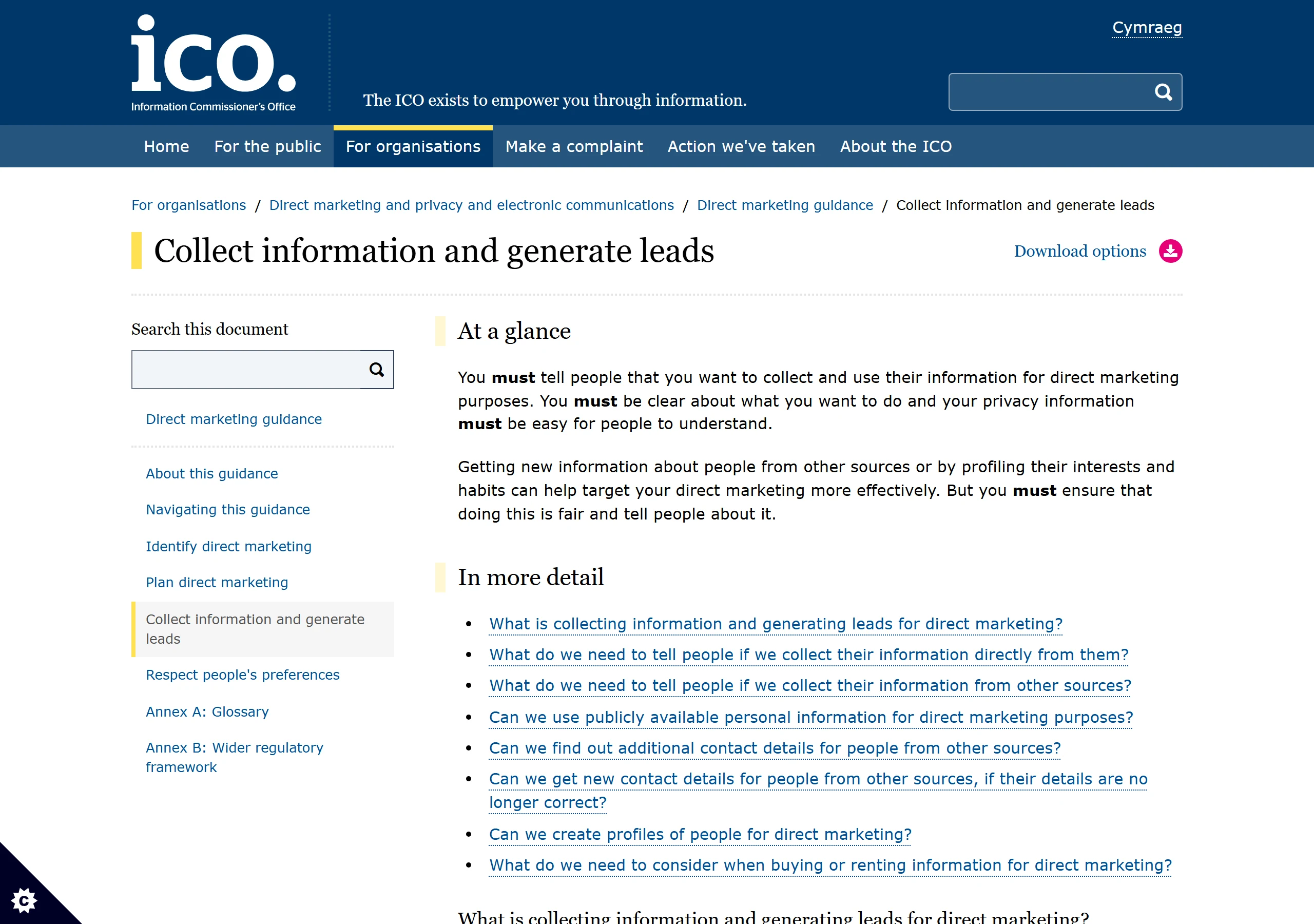 UK ICO guidance on collecting information and generating leads, covering consent requirements for direct marketing