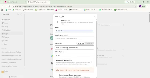 ChatGPT New Plugin dialog with AeroChat name, server URL, and OAuth authentication