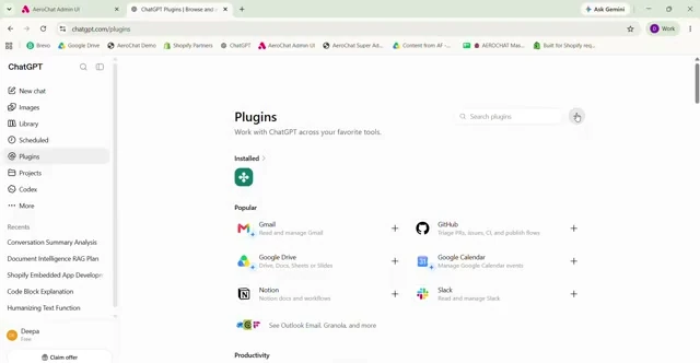 ChatGPT Plugins page showing installed and popular plugins