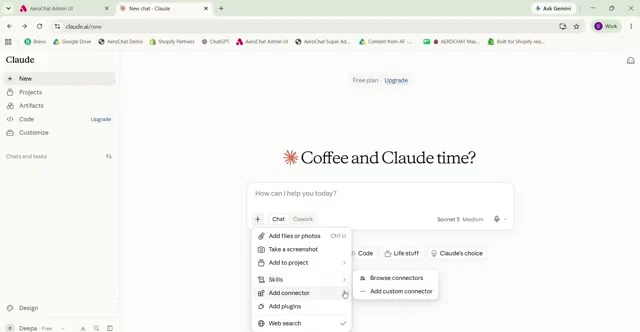 Claude plus menu showing the Add custom connector option