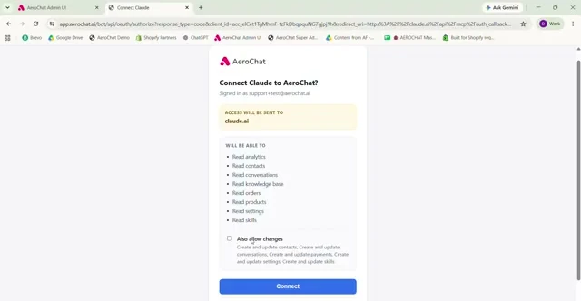 Claude authorization screen asking to connect to AeroChat with listed permissions