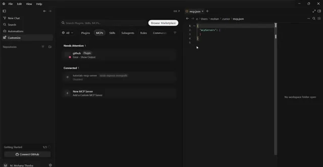 Cursor mcp.json configuration file open and ready for the AeroChat server snippet